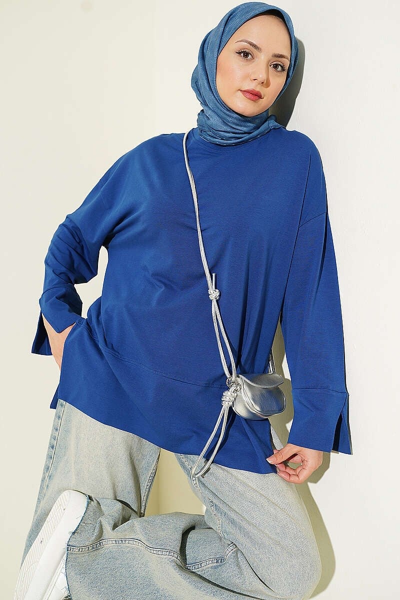 Yırtmaç Detaylı Basic Tunik Lacivert