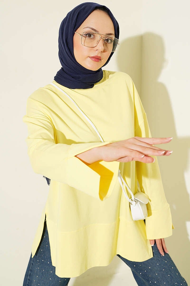 Yırtmaç Detaylı Basic Tunik Sarı