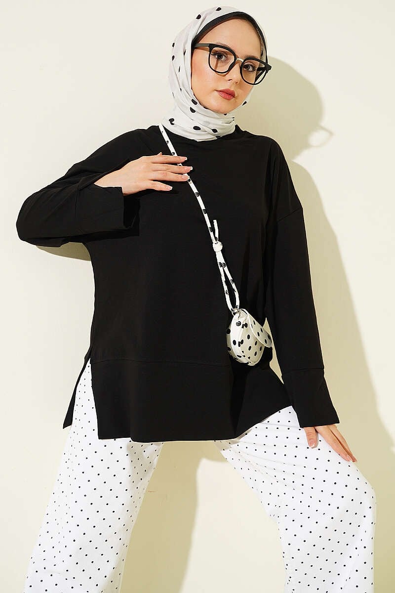 Yırtmaç Detaylı Basic Tunik Siyah