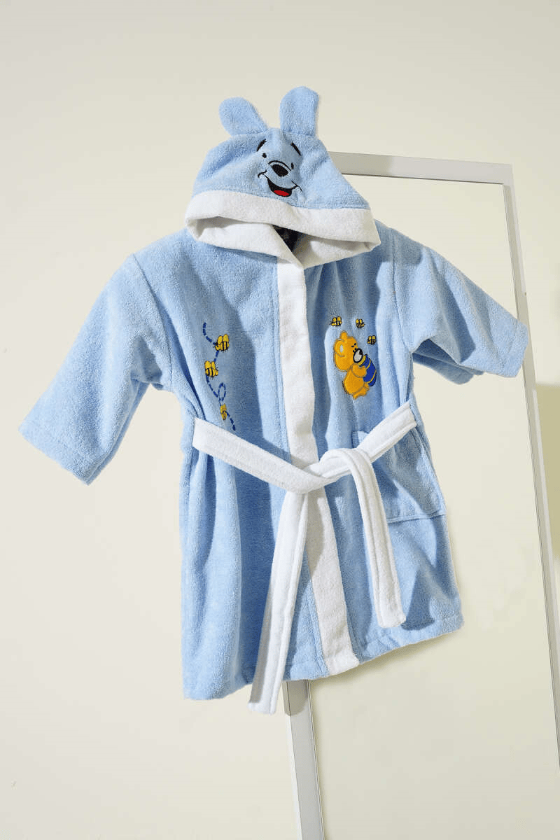 Yumuşak Dokulu Ayıcık Pooh Kapüşonlu Çocuk Bornozu Mavi