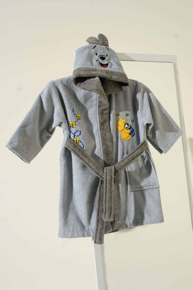 Yumuşak Dokulu Ayıcık Pooh Kapüşonlu Çocuk Bornozu Gri