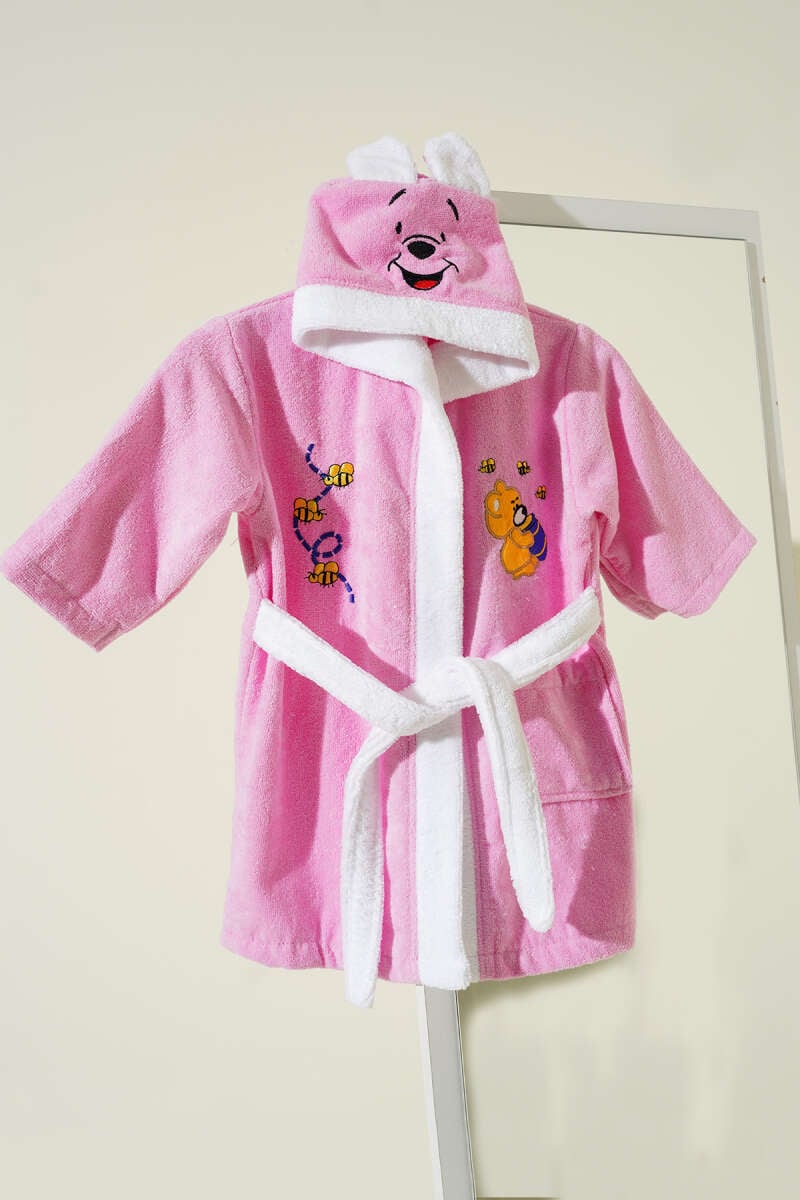 Yumuşak Dokulu Ayıcık Pooh Kapüşonlu Çocuk Bornozu Pembe