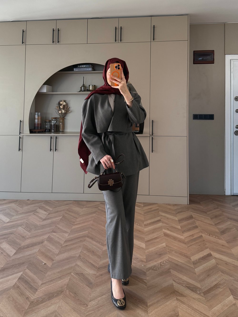 Alvena Geniş Yaka Kruvaze Ceket Takım Antrasit (26061)