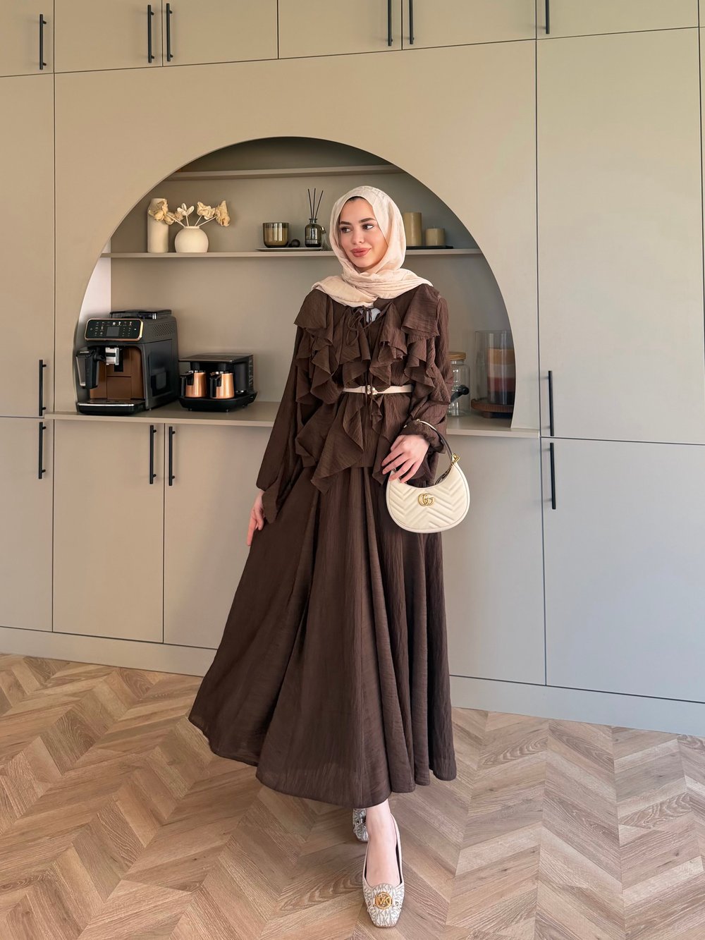 Angelina Fırfırlı Etekli Takım Kahve (4105)
