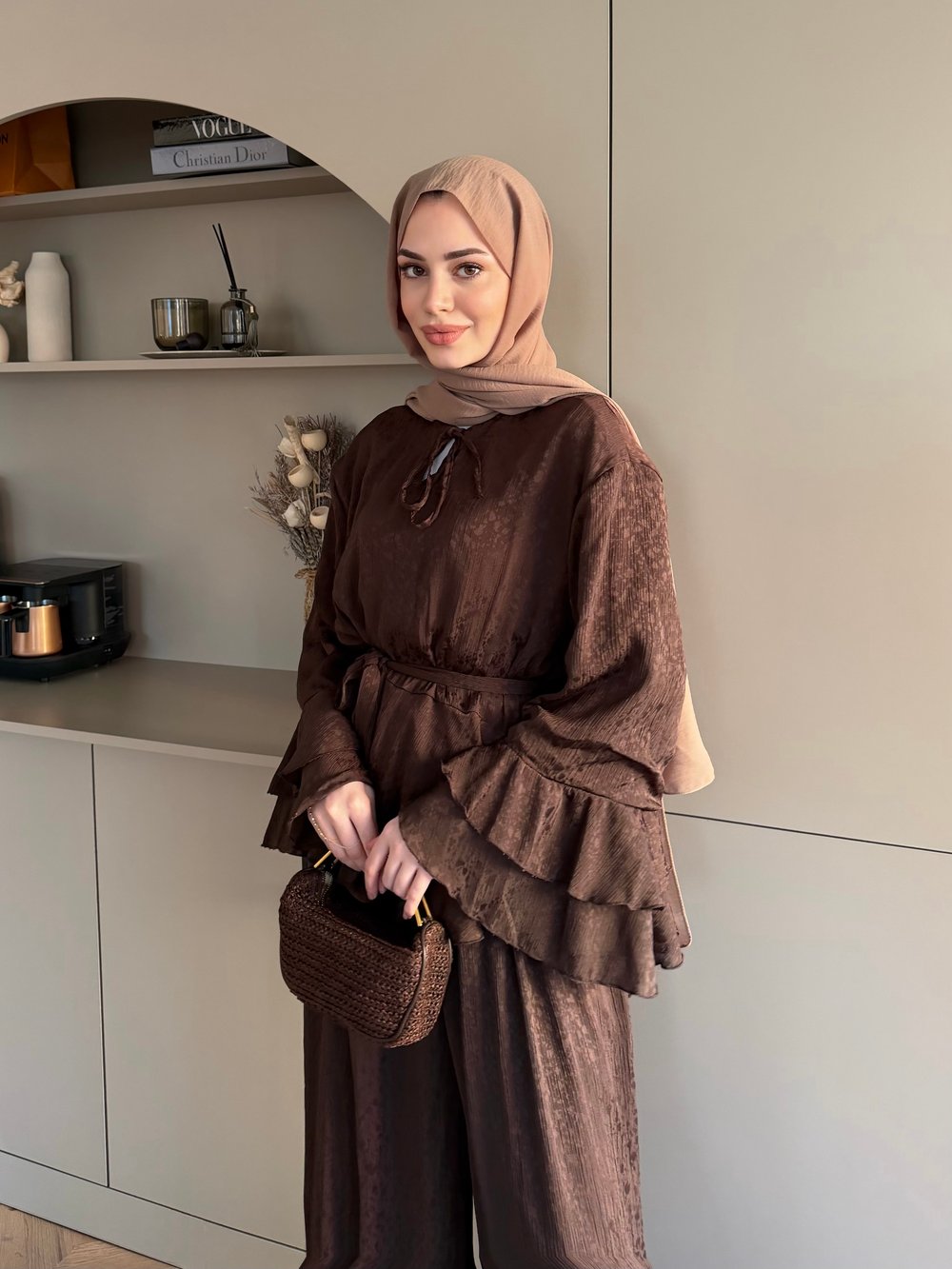 Asmila Yoryo Şifon Kat Kat Pantolonlu Takım Kahve (8221)