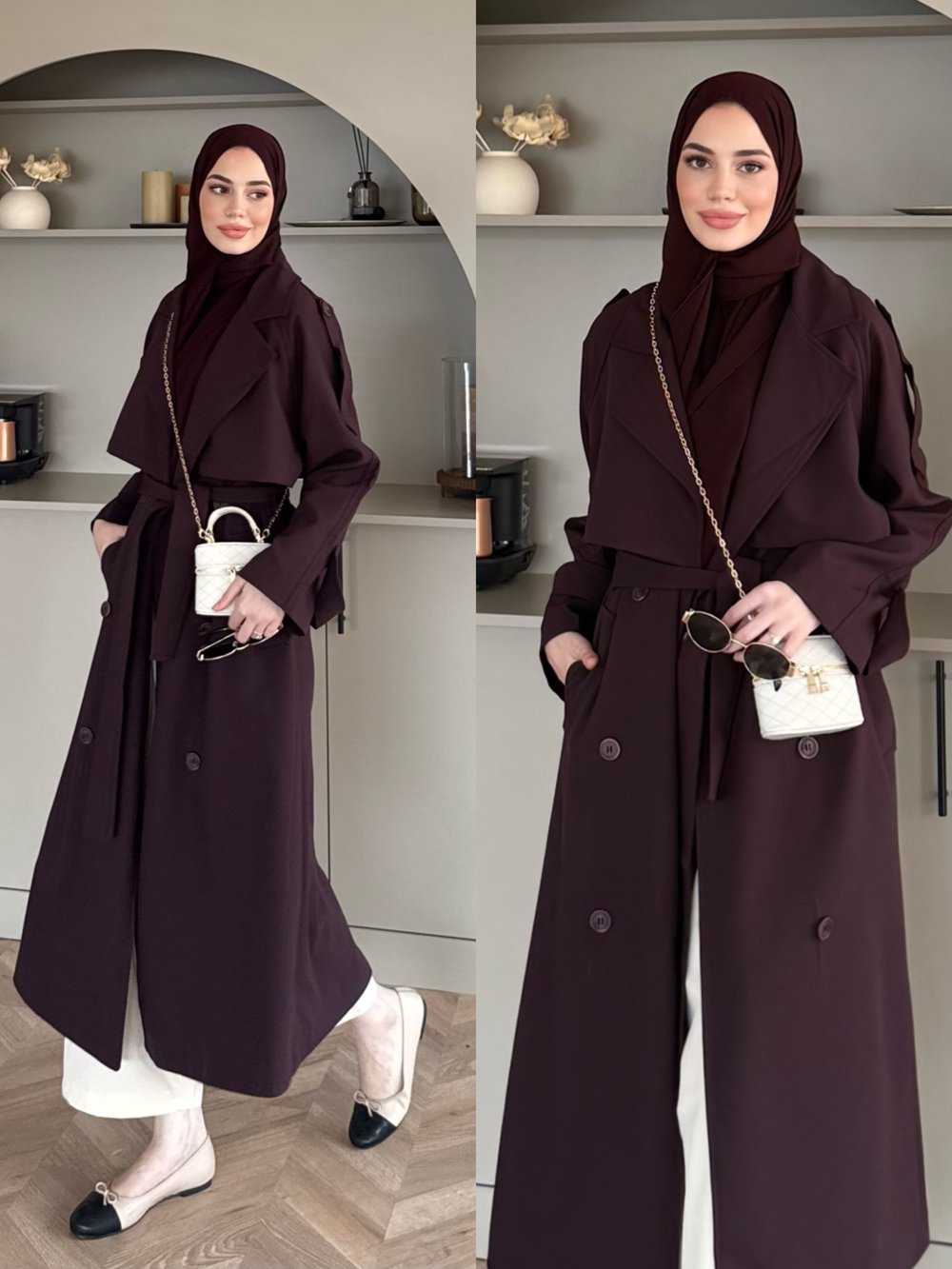 Aymira Düğmeli Uzun Trenç Mürdüm (7589)
