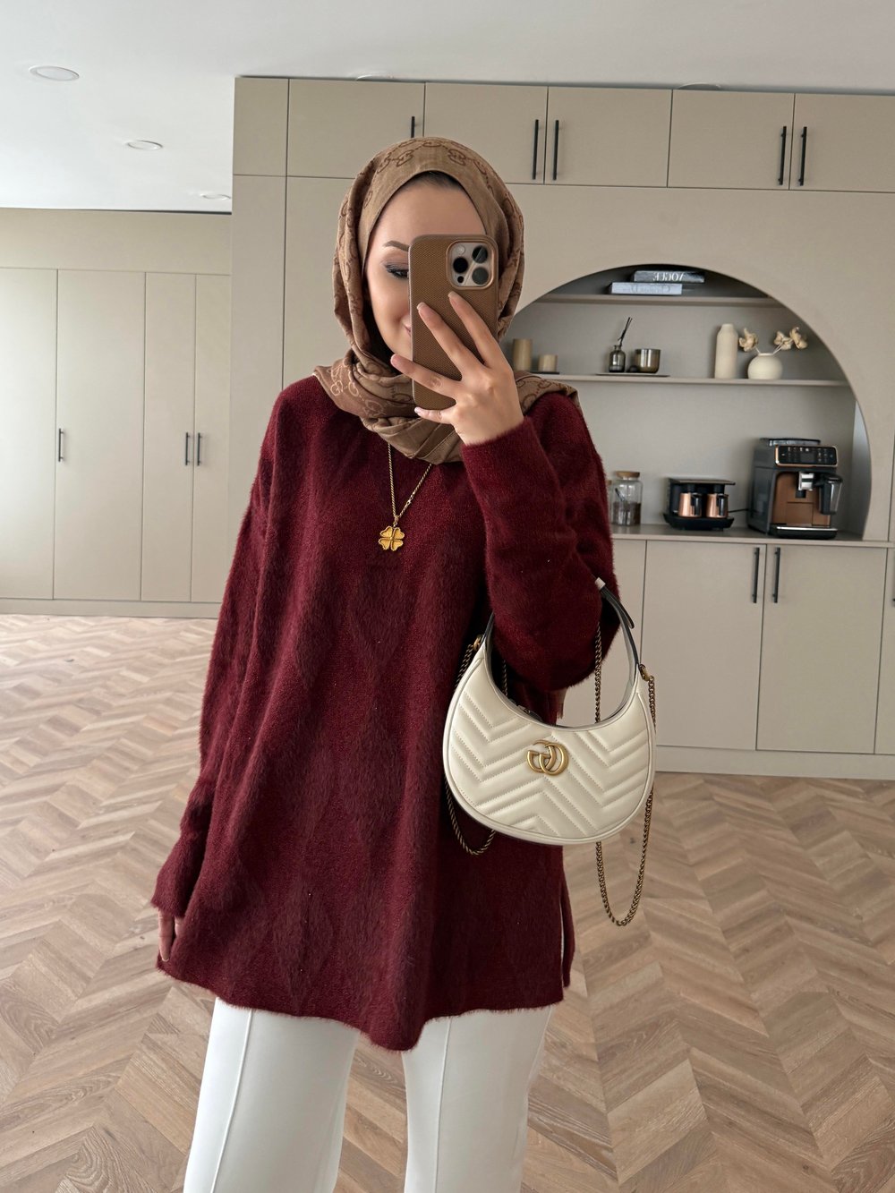 Baklava Desen Simli Triko Kazak Bordo