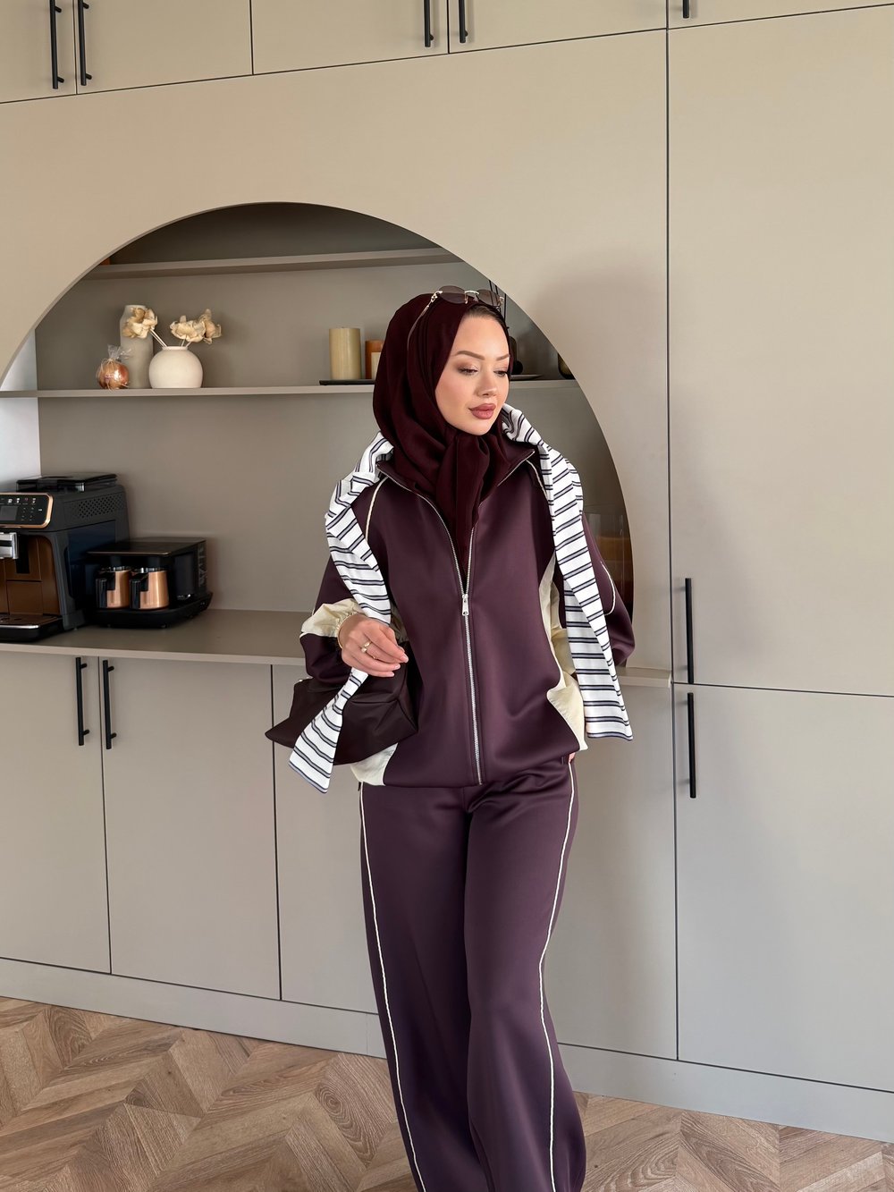 Carlot Fermuarlı Scuba Pantolonlu Takım Mürdüm (4581)