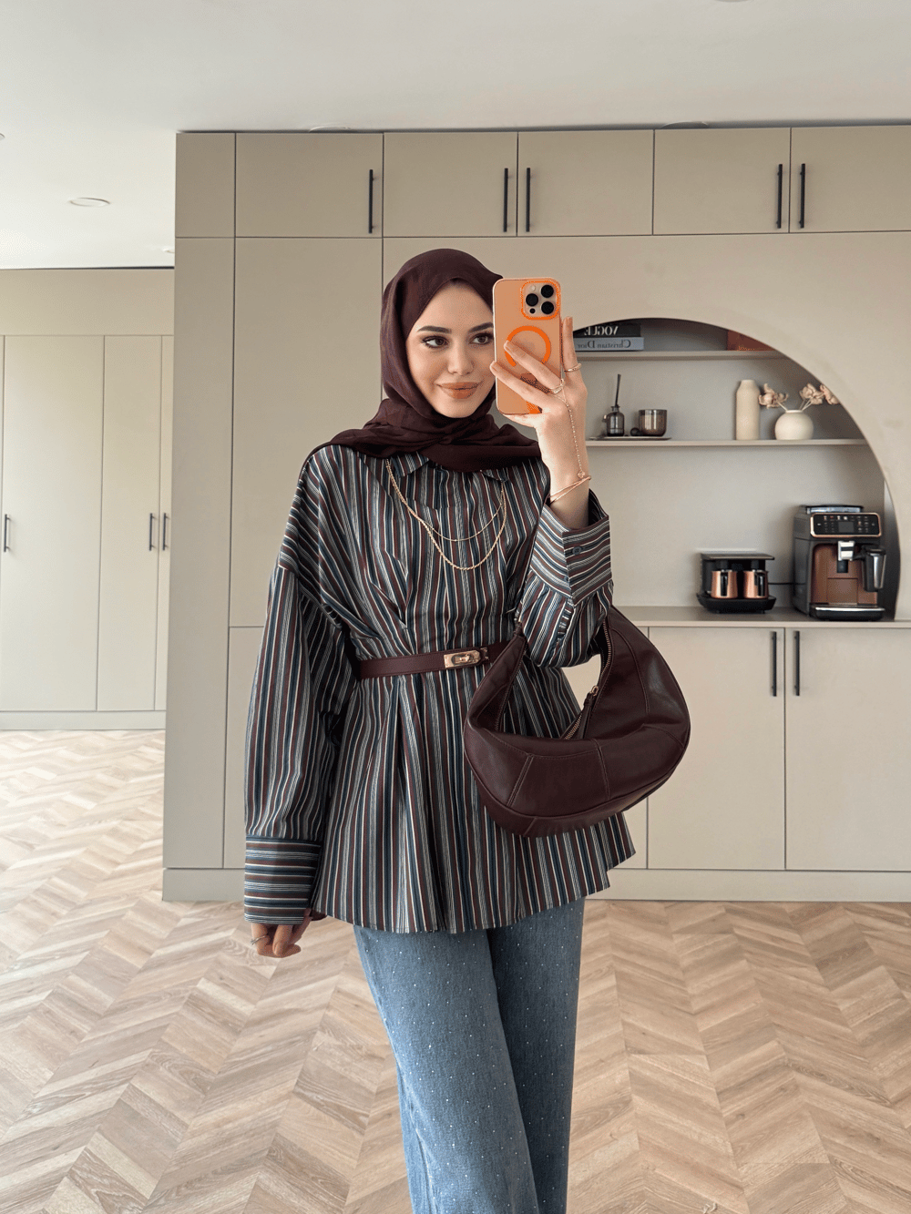 Çizgili Belden Oturtmalı Poplin Gömlek Lacivert (2330)
