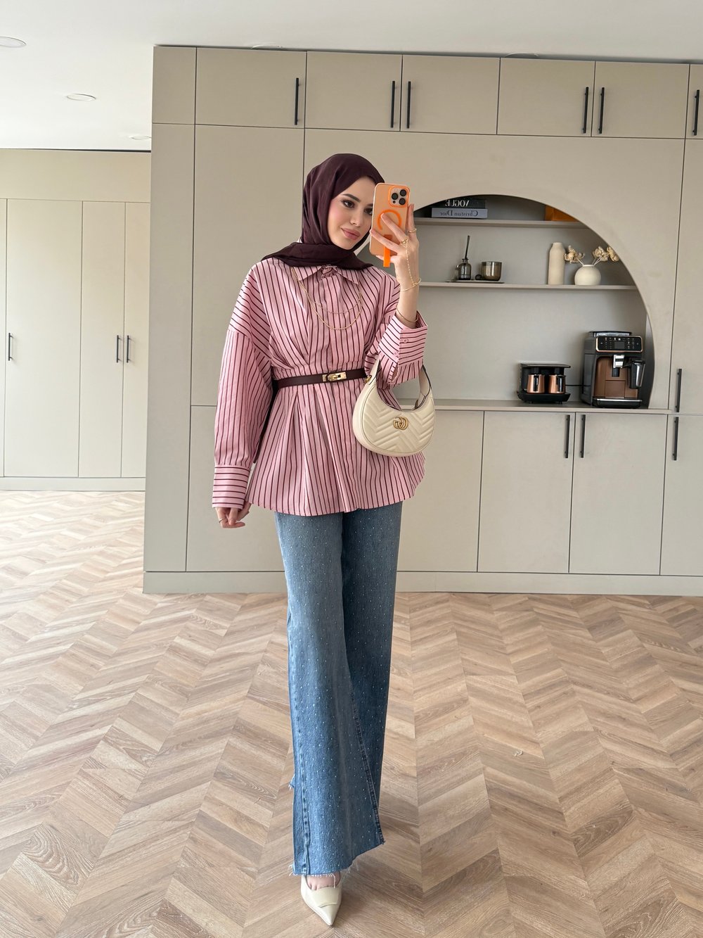Çizgili Belden Oturtmalı Poplin Gömlek Pembe (2330)