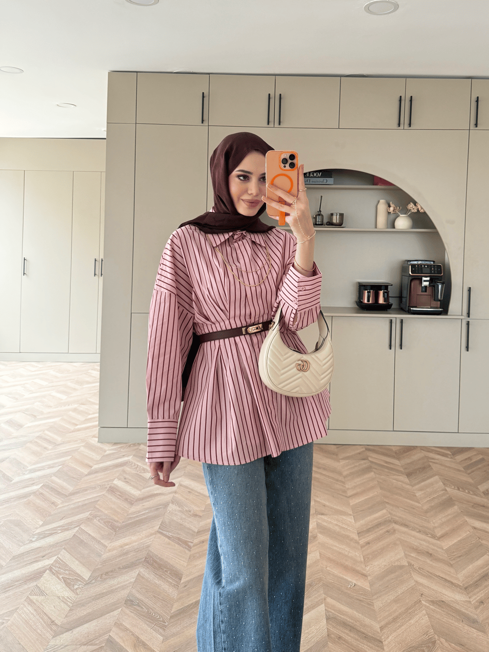 Çizgili Belden Oturtmalı Poplin Gömlek Pembe (2330)
