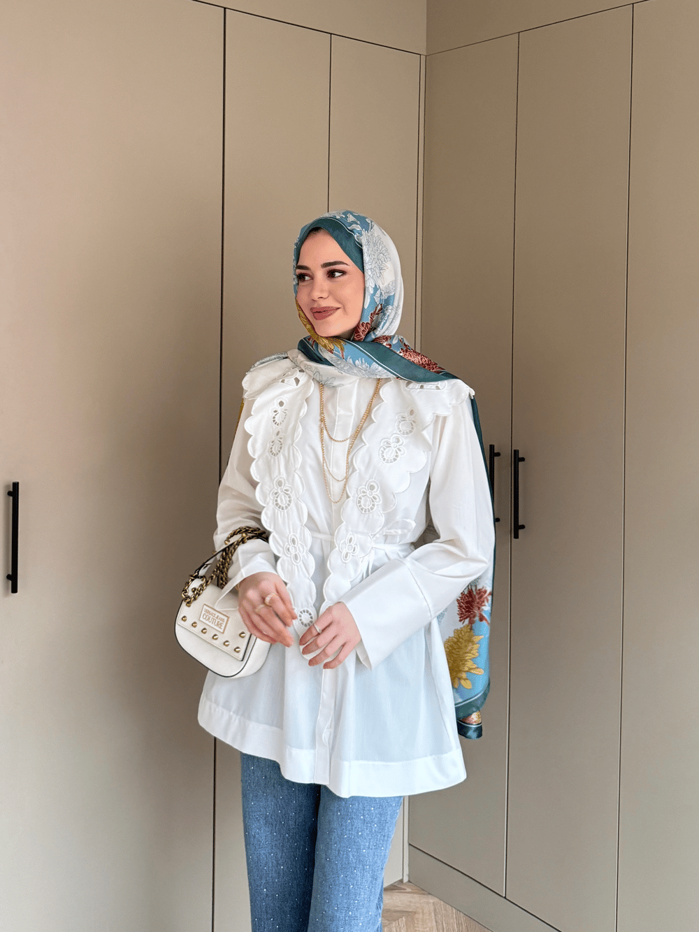 Dacron Nakışlı Yaka Gömlek Ekru (8348)