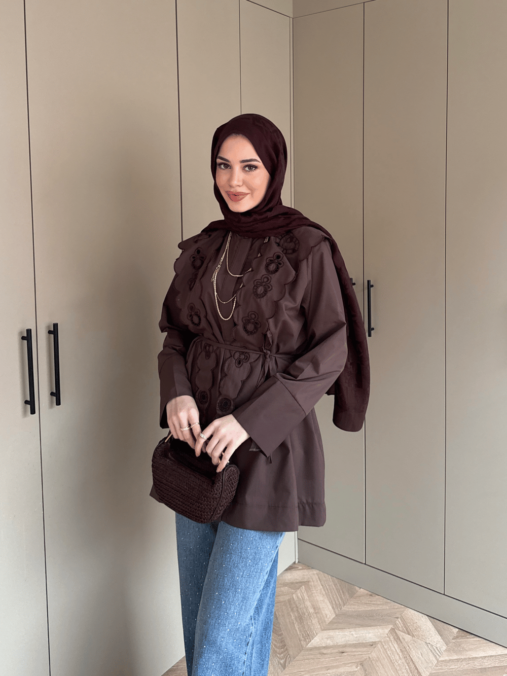 Dacron Nakışlı Yaka Gömlek Kahve (8348)