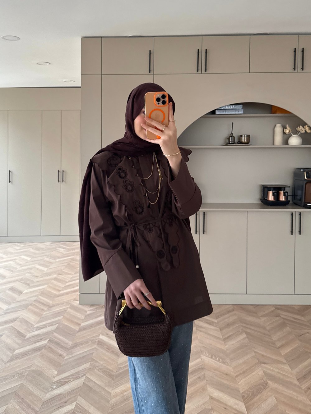 Dacron Nakışlı Yaka Gömlek Kahve (8348)