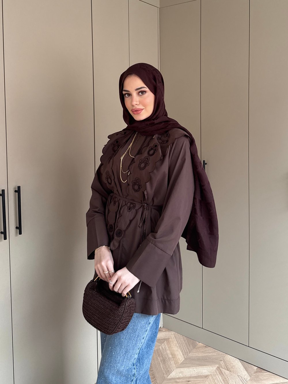 Dacron Nakışlı Yaka Gömlek Kahve (8348)