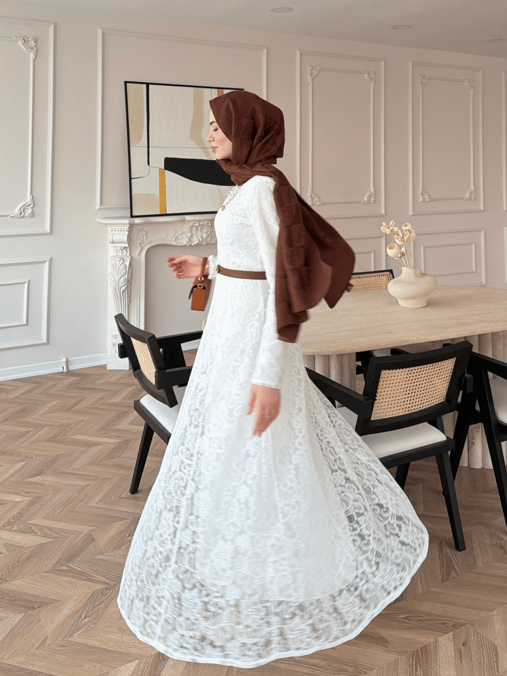Daphne Dantel Elbise Beyaz (8021)