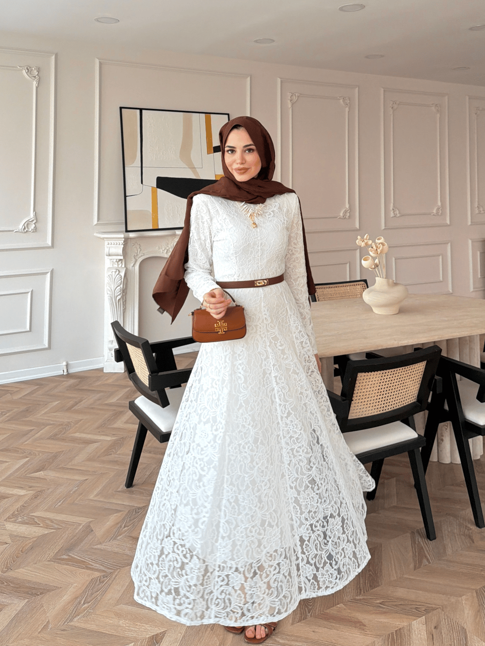 Daphne Dantel Elbise Beyaz (8021)