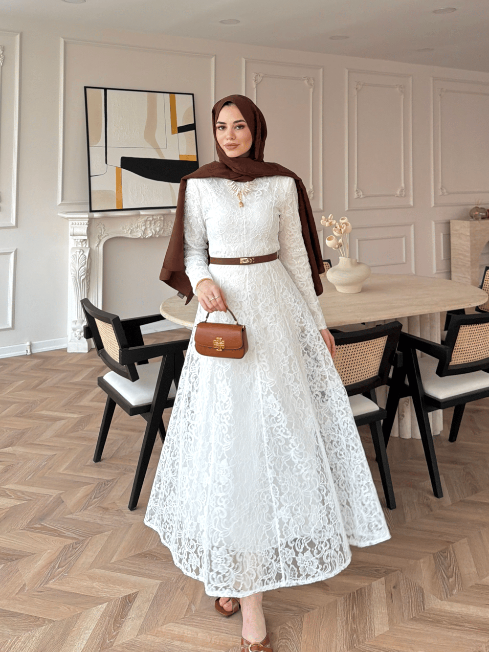 Daphne Dantel Elbise Beyaz (8021)