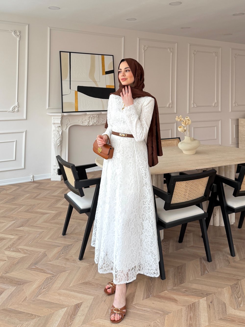 Daphne Dantel Elbise Beyaz (8021)