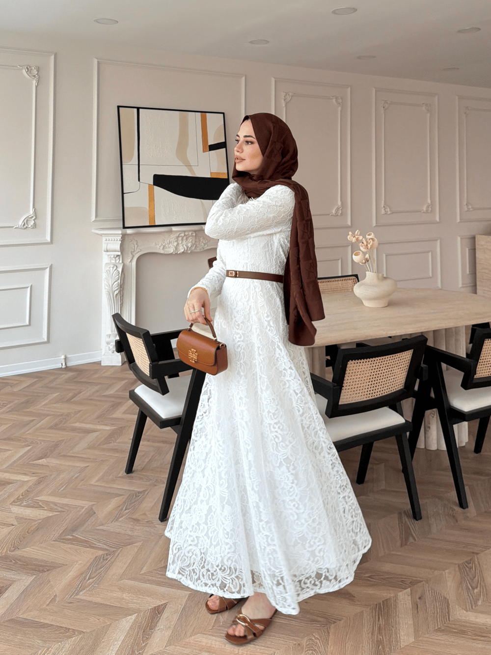 Daphne Dantel Elbise Beyaz (8021)