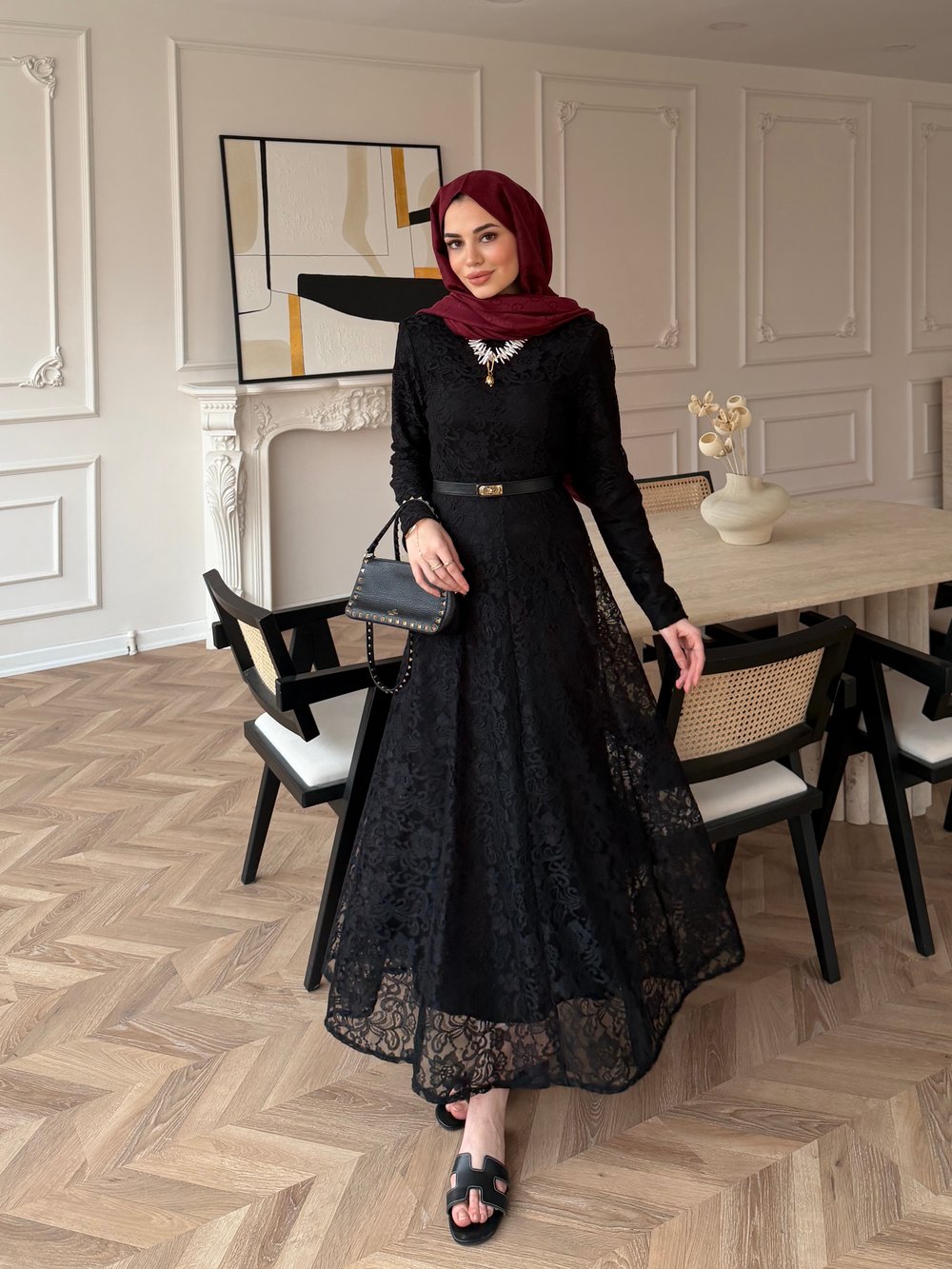 Daphne Dantel Elbise Siyah (8021)