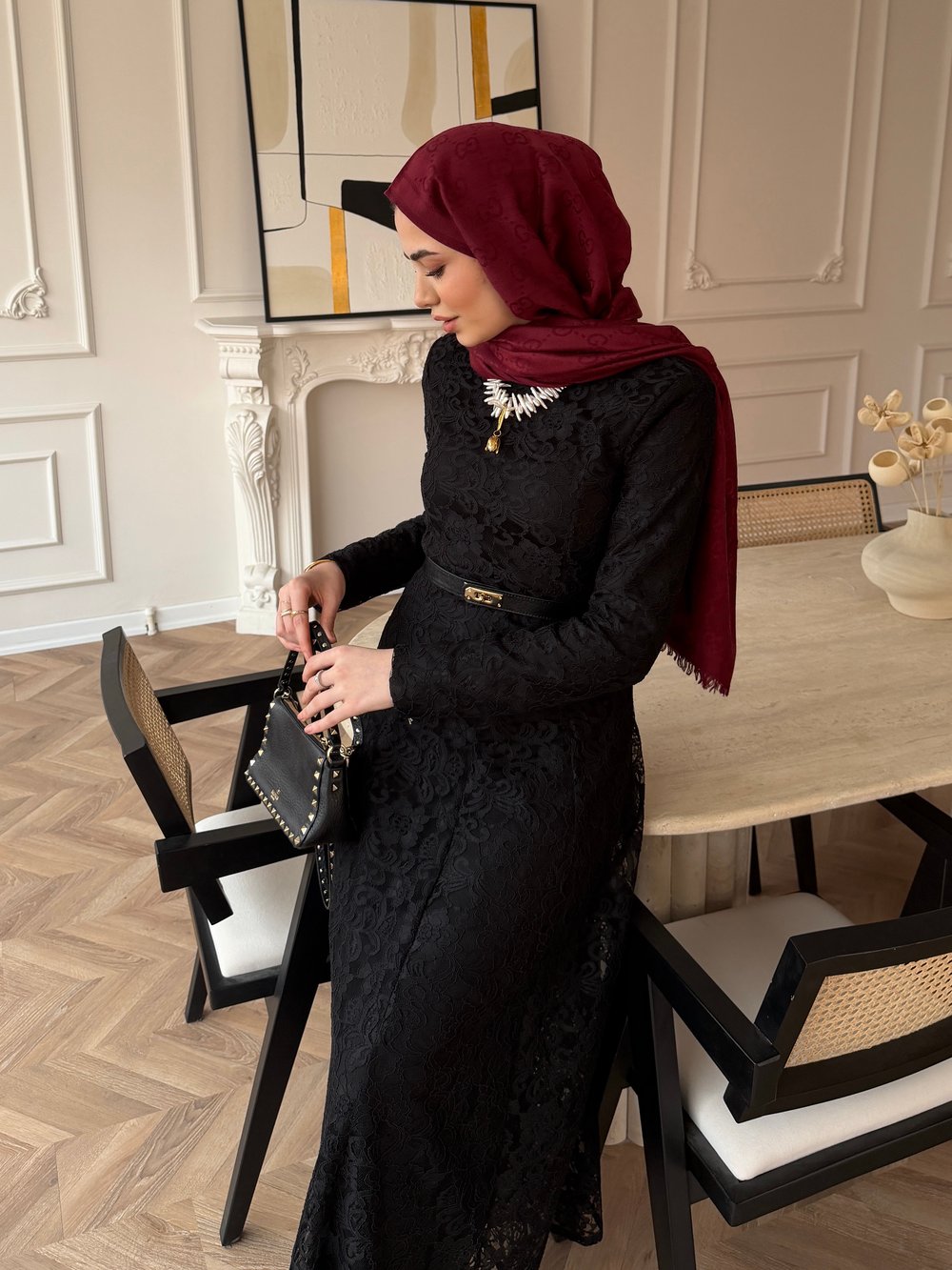 Daphne Dantel Elbise Siyah (8021)