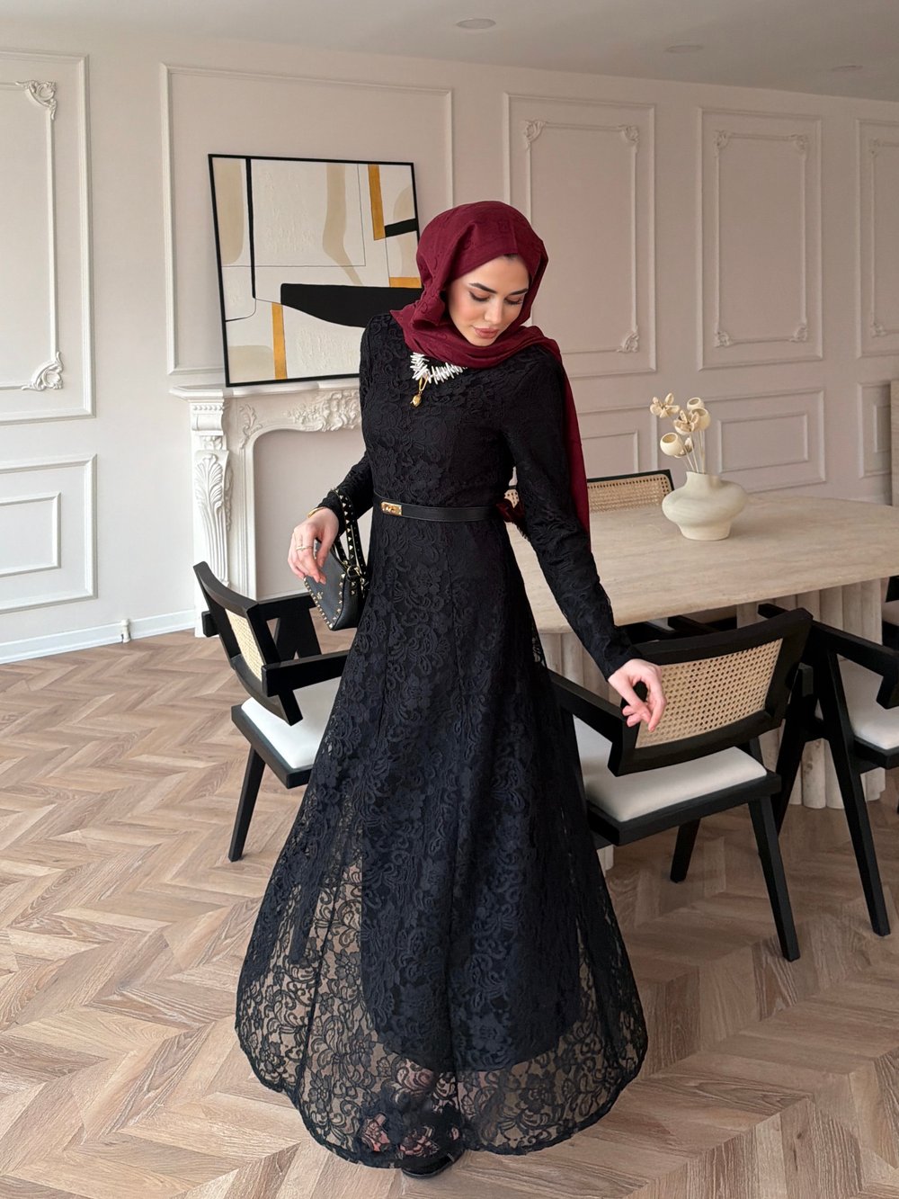 Daphne Dantel Elbise Siyah (8021)