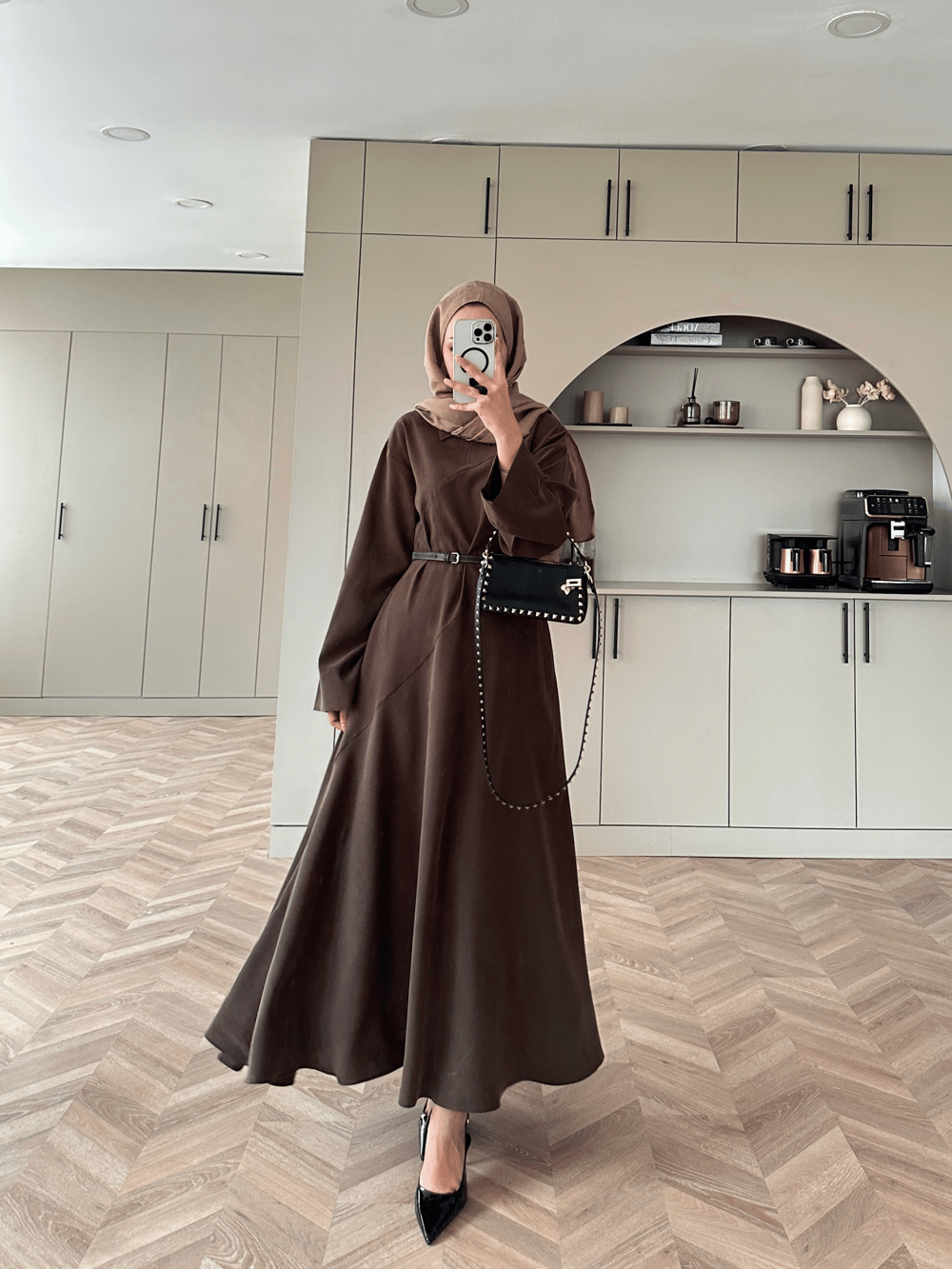 Davina Kemerli Modal Elbise Acı Kahve (648)