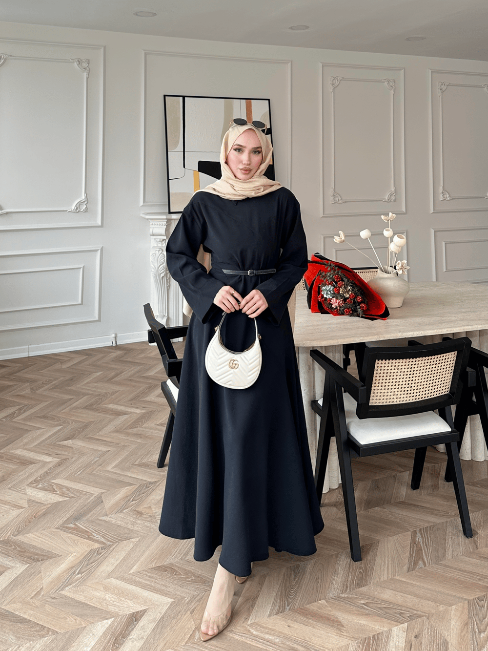 Davina Kemerli Modal Elbise Siyah (648)