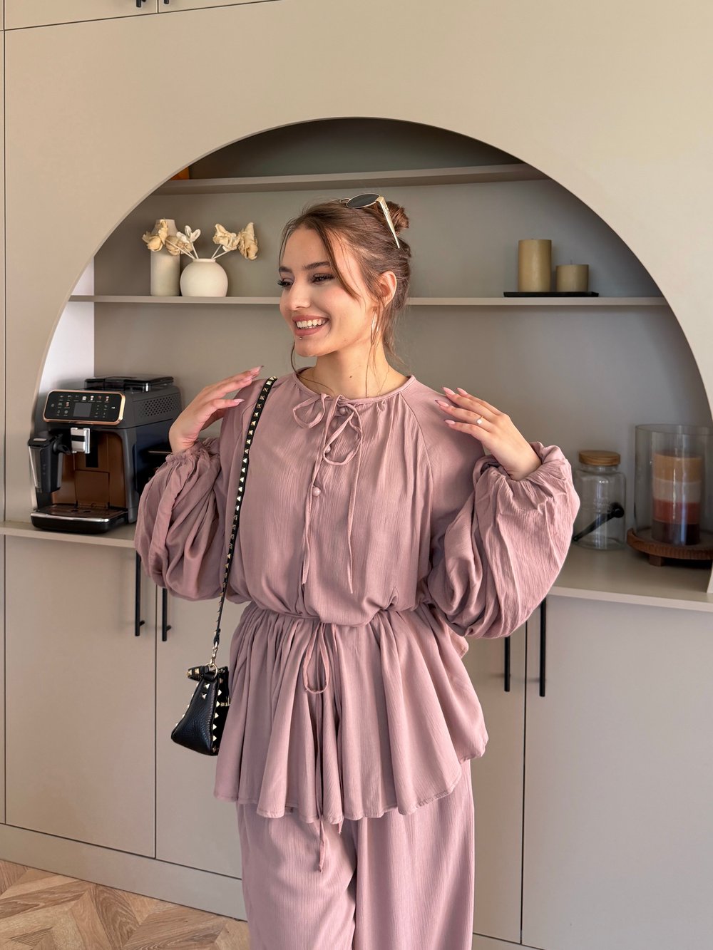 Defne Asimetrik Kesim Pantolonlu Takım Gül Kurusu (5817)