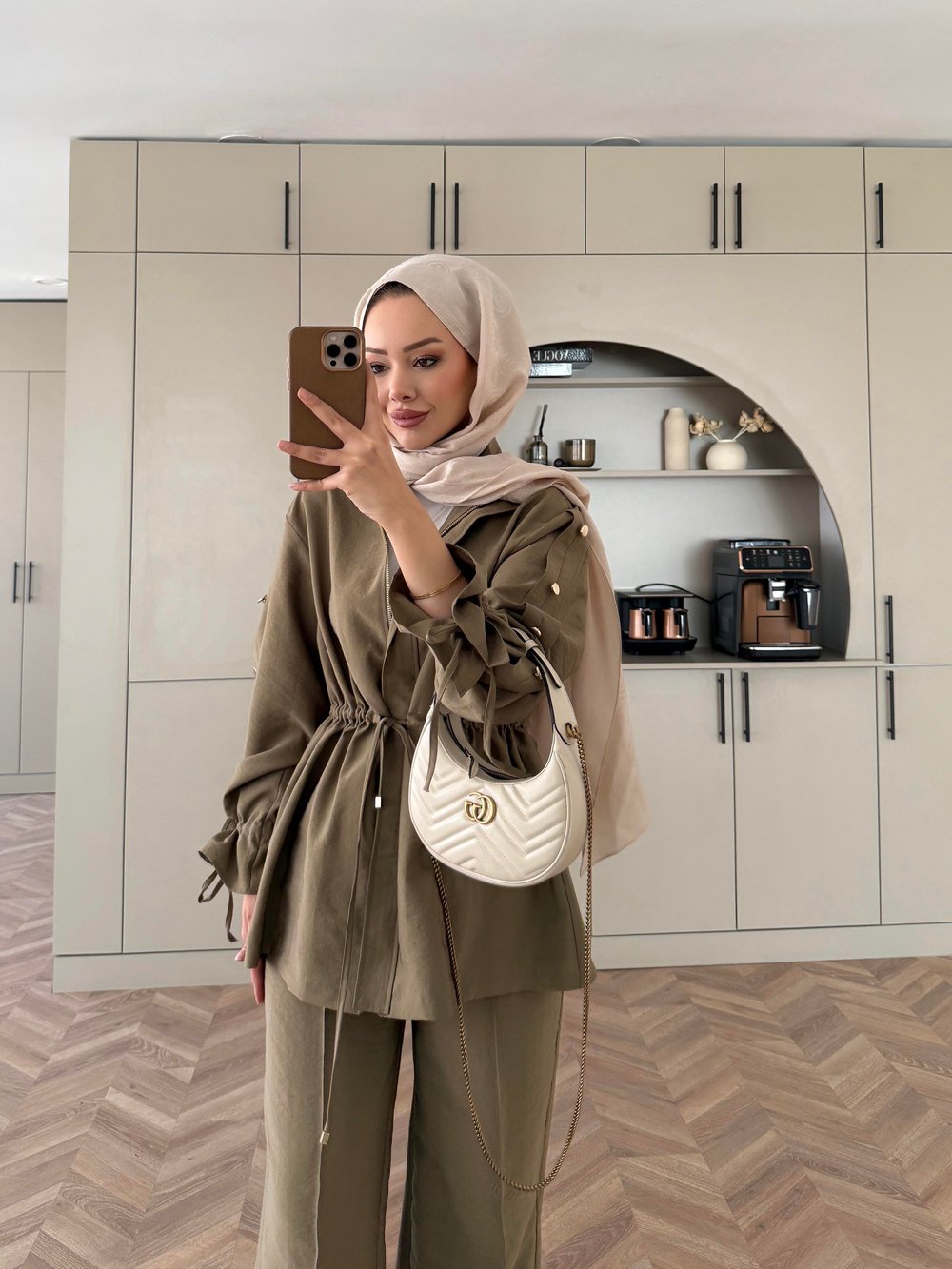 Natali Düğme Detaylı Beli Büzgülü Cupra Takım Yağ Yeşili (4403)