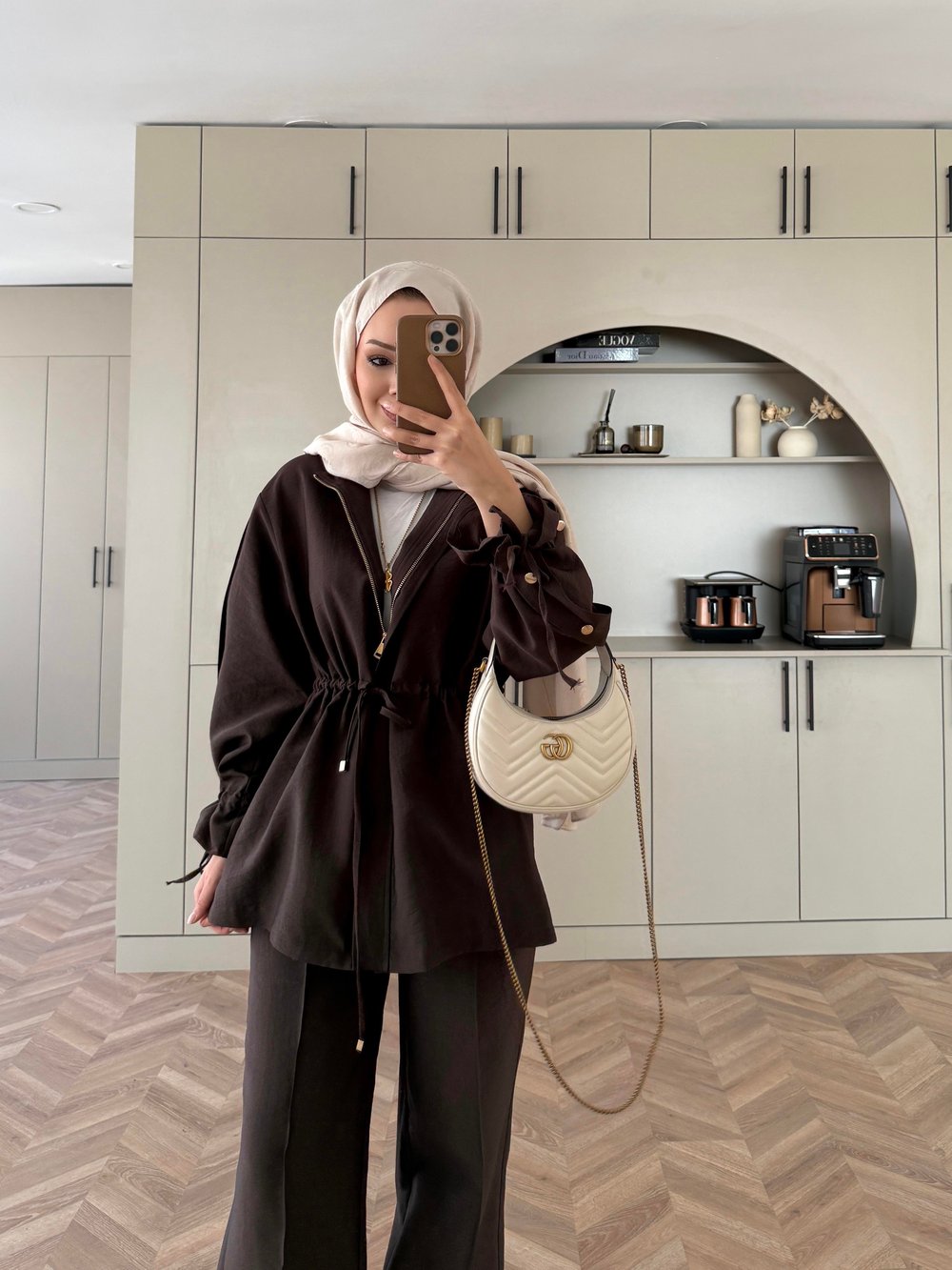 Düğme Detaylı Beli Büzgülü Cupra Takım Kahve (4403)