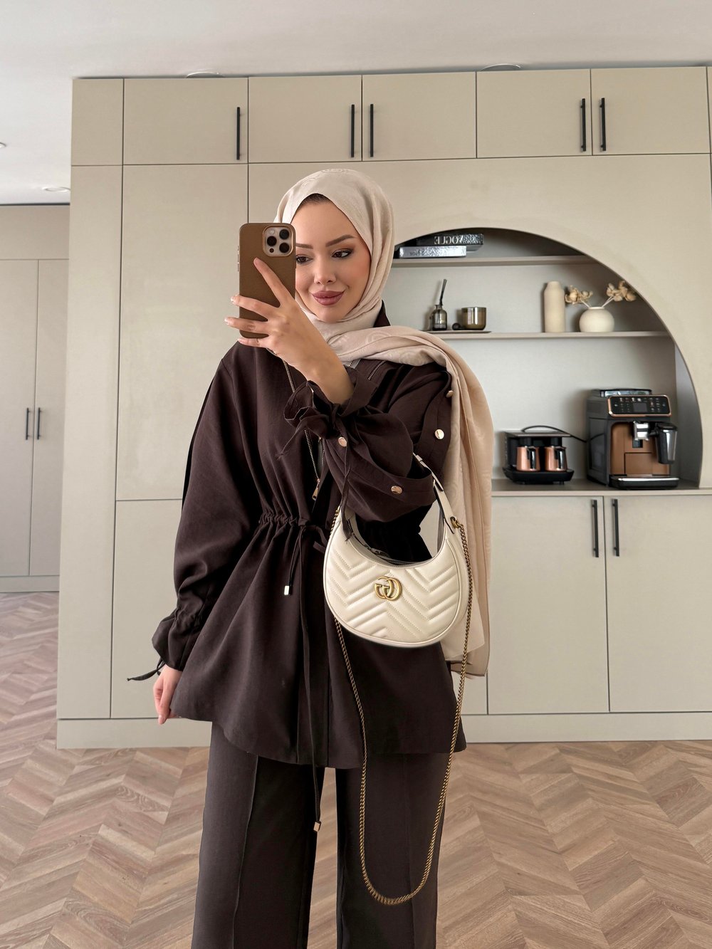 Düğme Detaylı Beli Büzgülü Cupra Takım Kahve (4403)