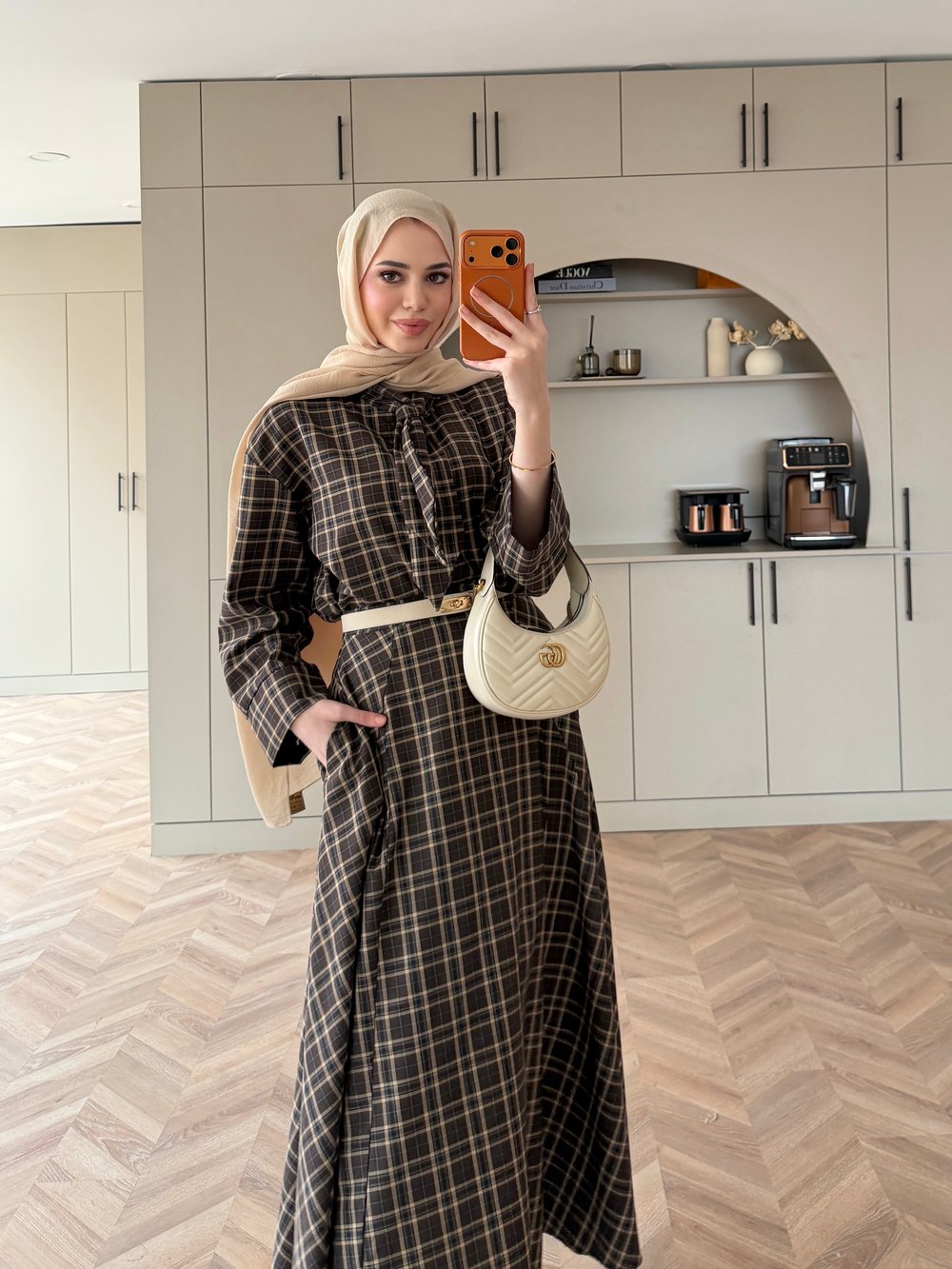 Eboni Bağlamalı Ekose Etekli Takım İnce Çizgili Kahve (2336)