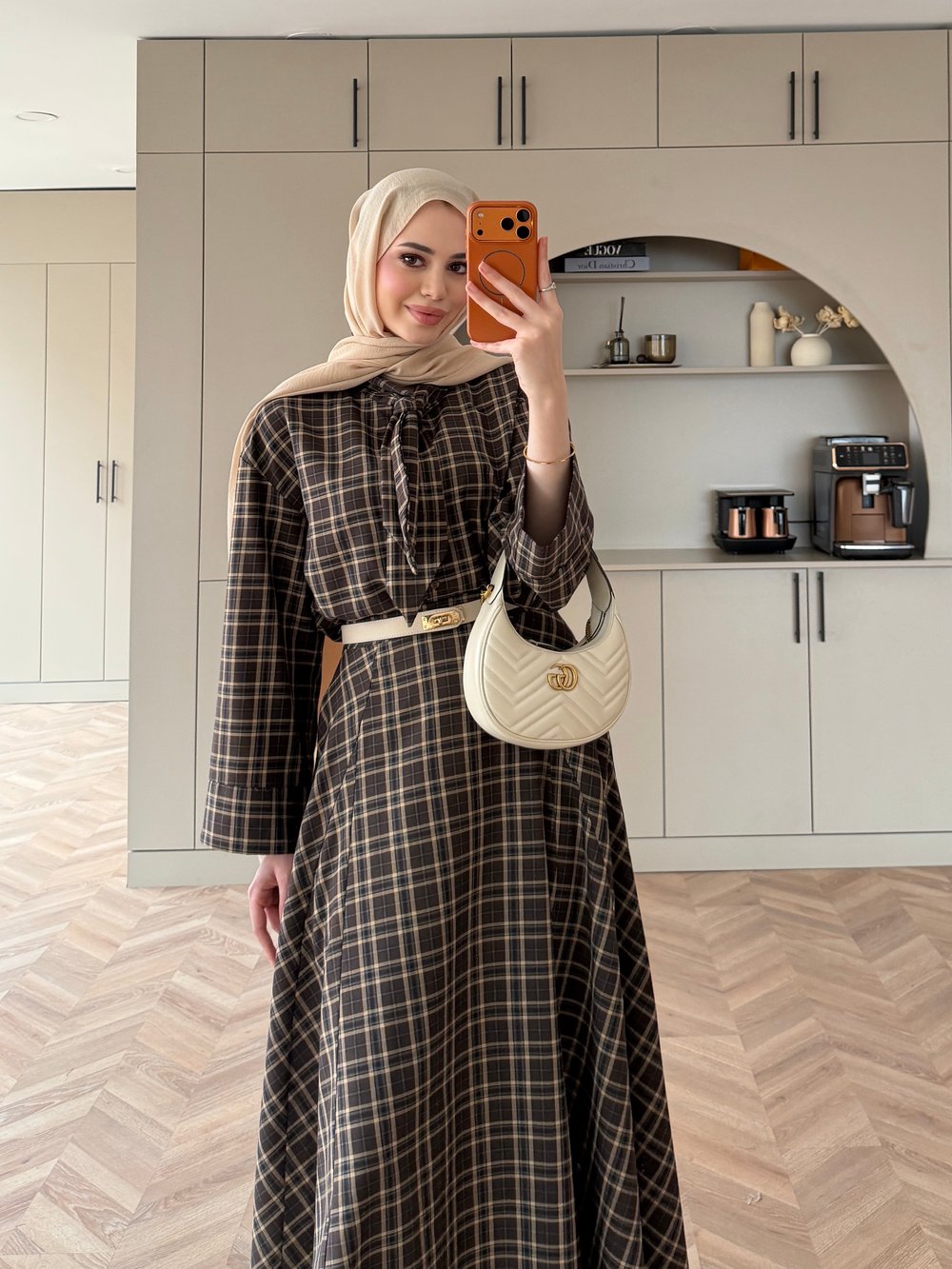 Eboni Bağlamalı Ekose Etekli Takım İnce Çizgili Kahve (2336)