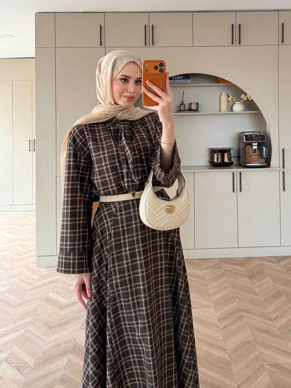 Eboni Bağlamalı Ekose Etekli Takım İnce Çizgili Kahve (2336)