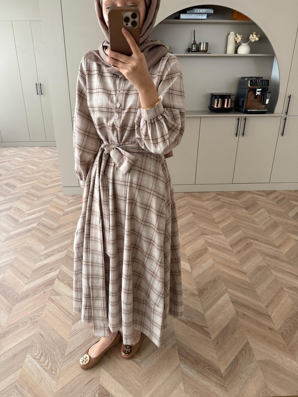 Ekose Elbise Sütlü Kahve-Ekru