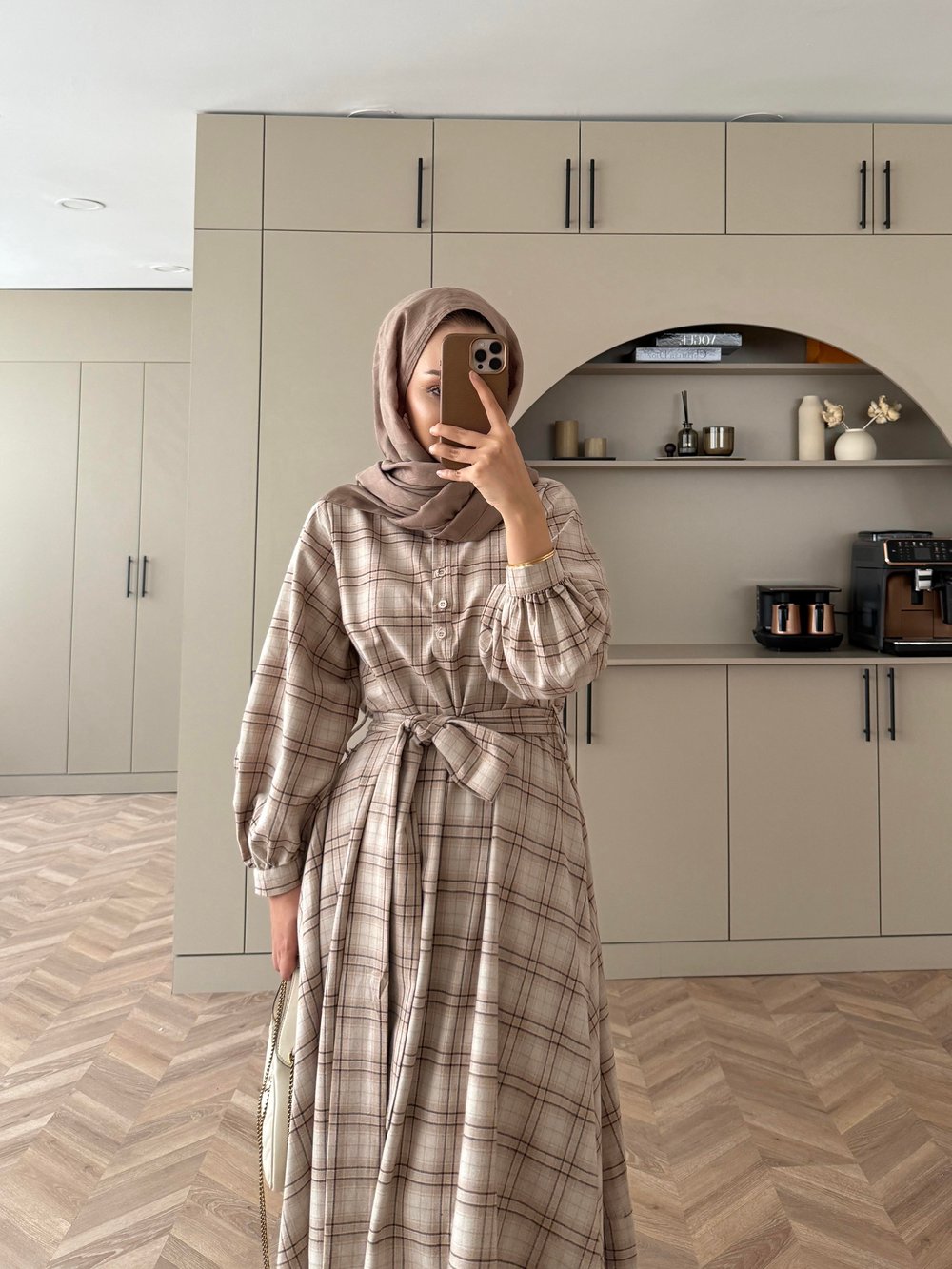 Ekose Elbise Sütlü Kahve-Ekru