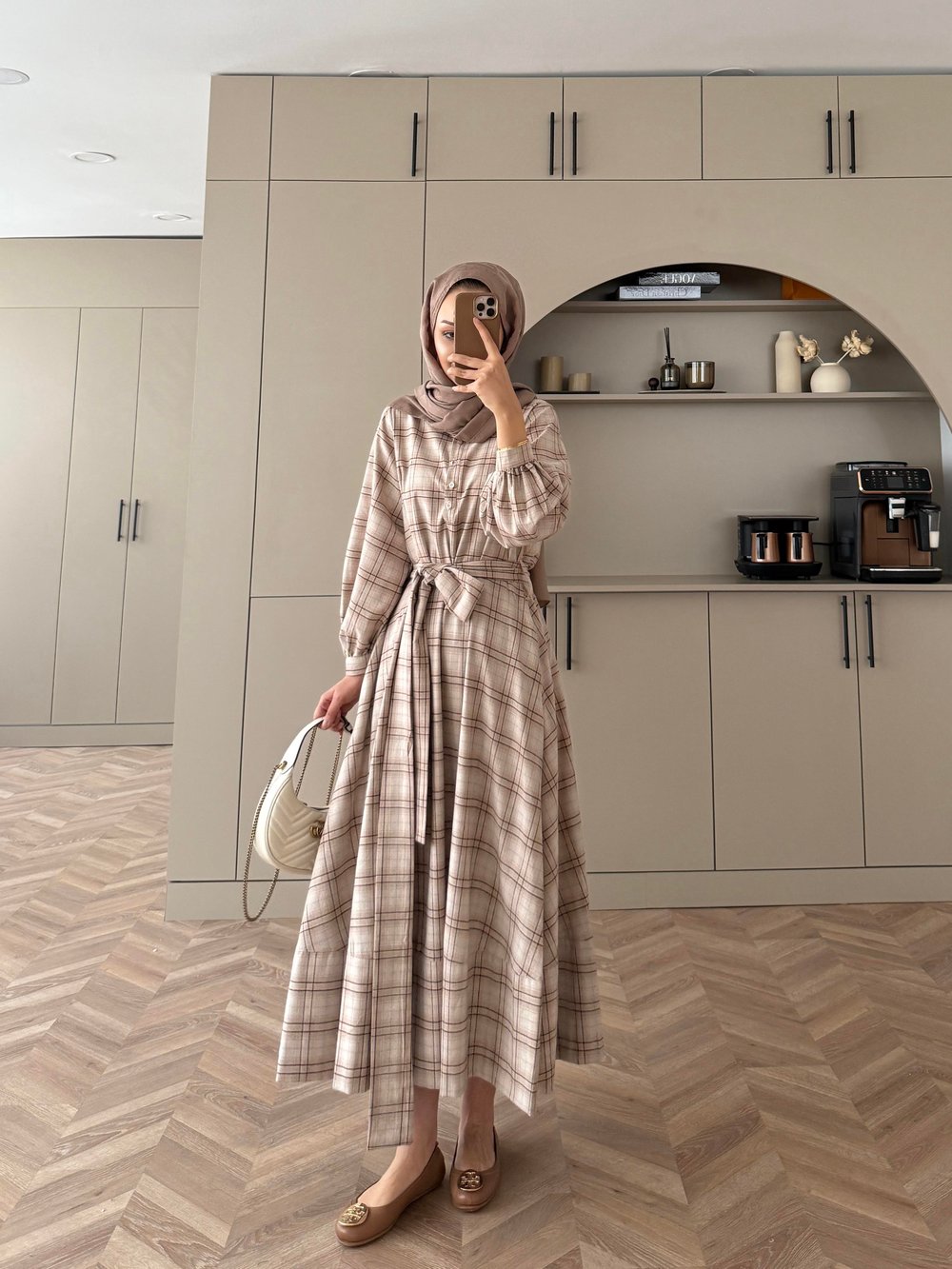 Ekose Elbise Sütlü Kahve-Ekru