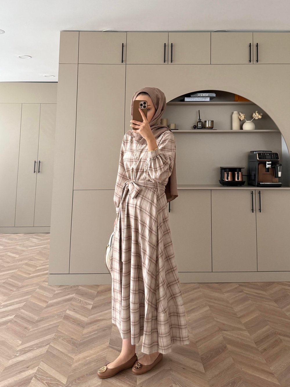 Ekose Elbise Sütlü Kahve-Ekru