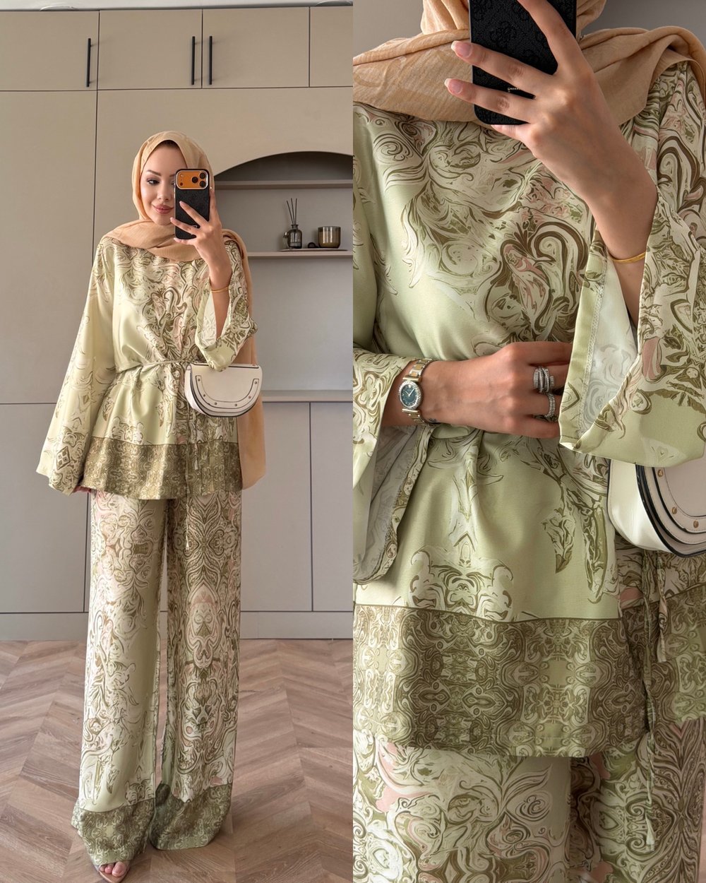 Elovia Desenli Pantolonlu Takım Fıstık Yeşili (4525)