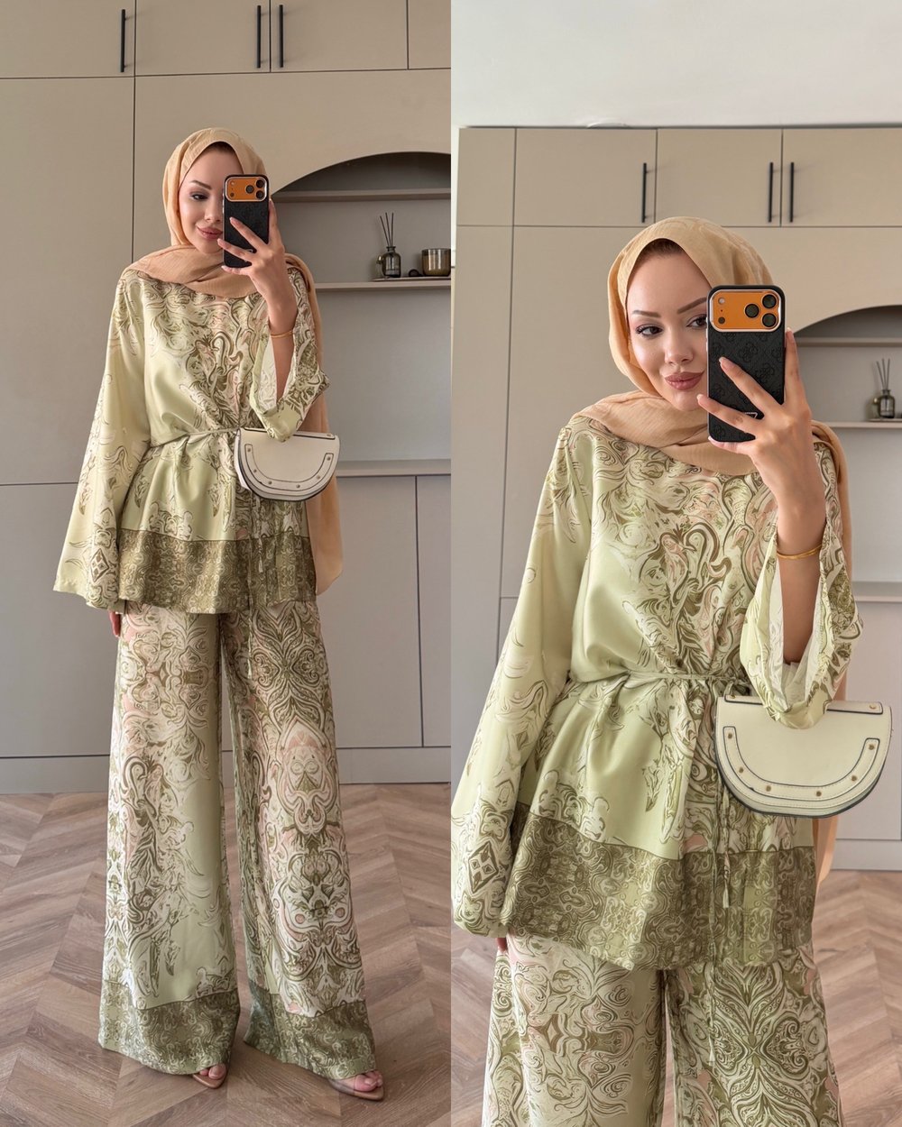 Elovia Desenli Pantolonlu Takım Fıstık Yeşili (4525)