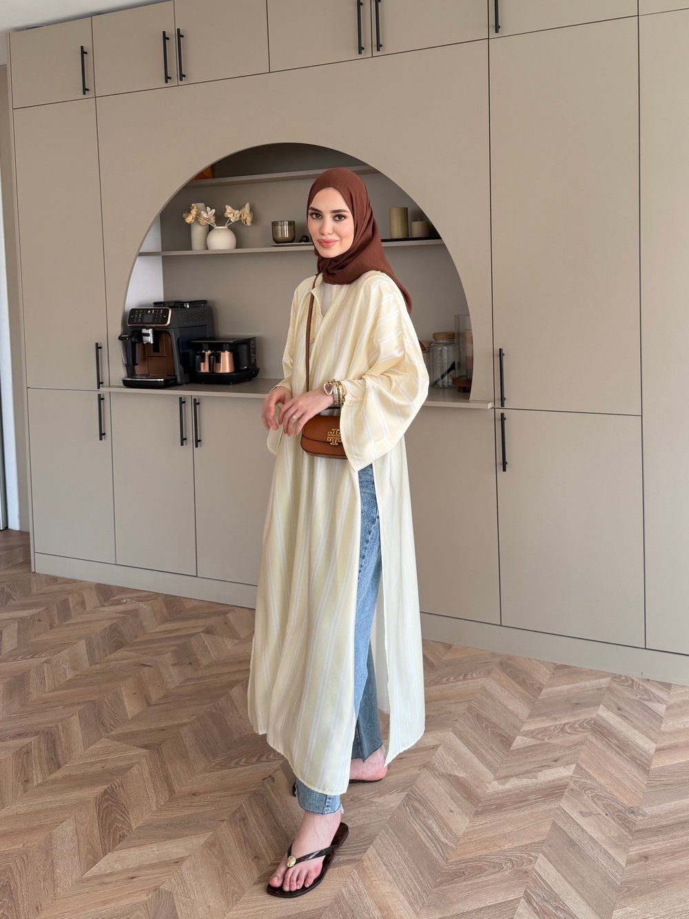 Ely Çizgili Saten Yırtmaçlı Bluz Butteryellow (4536)