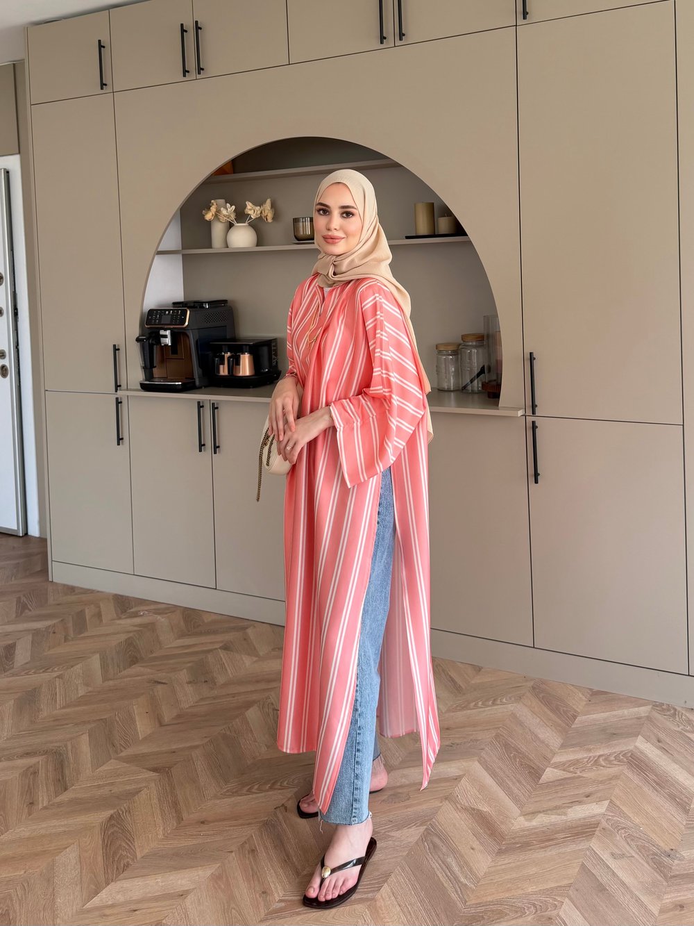 Ely Çizgili Saten Yırtmaçlı Bluz  Somon (4536)