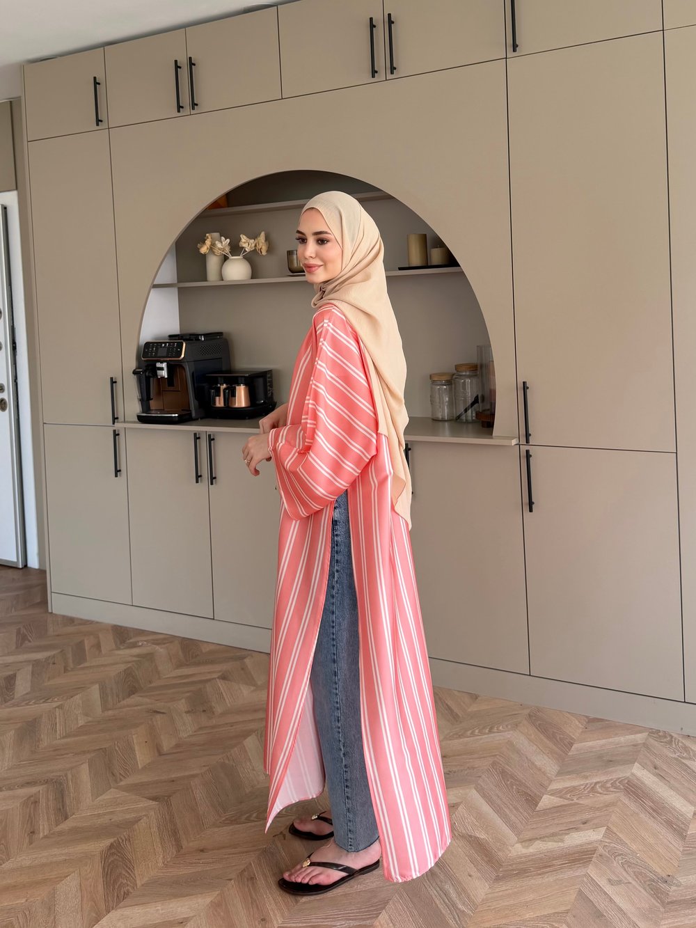 Ely Çizgili Saten Yırtmaçlı Bluz  Somon (4536)
