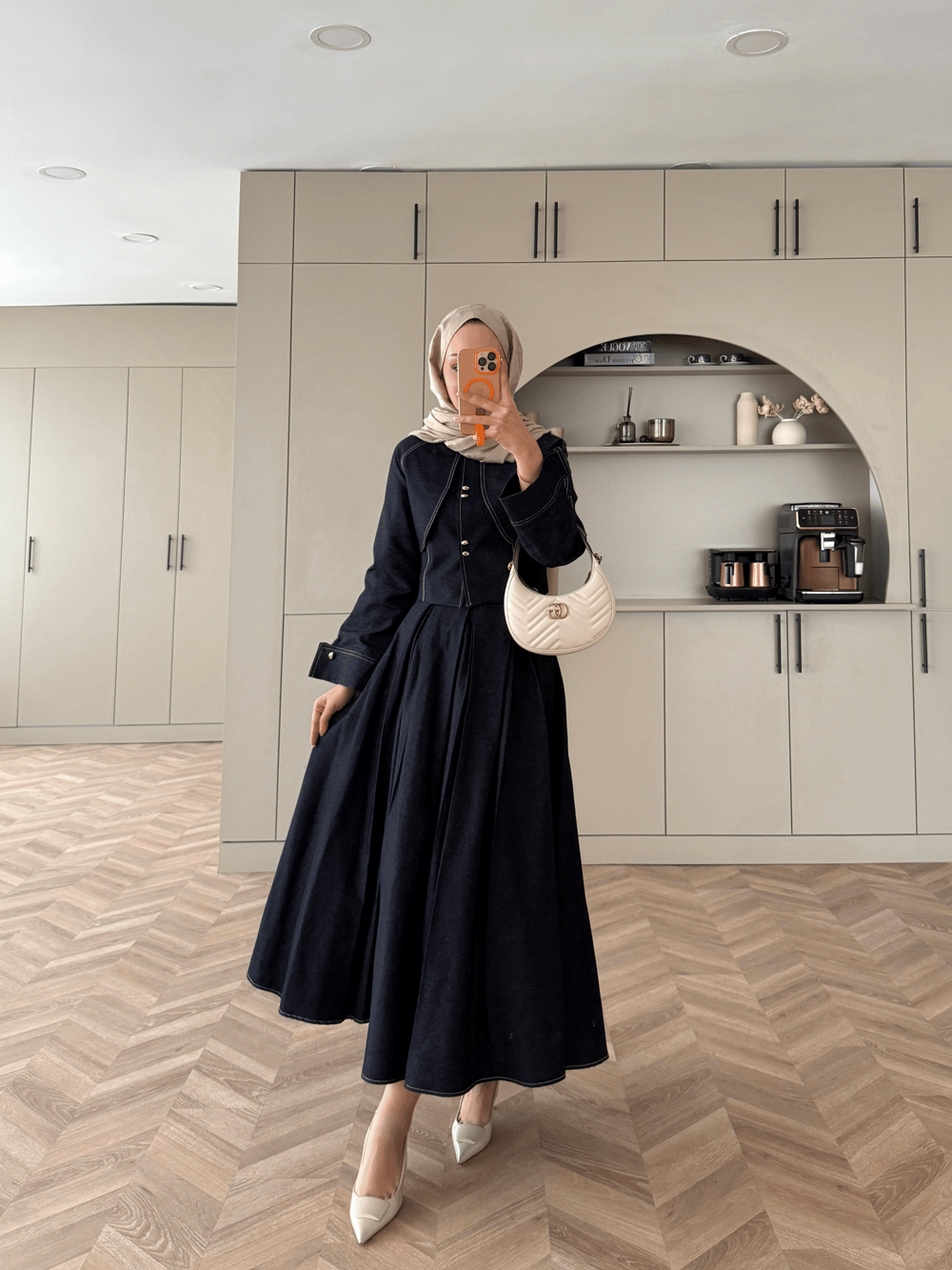 Elya Pelerin Detaylı Kot Etekli Takım Lacivert (4409)