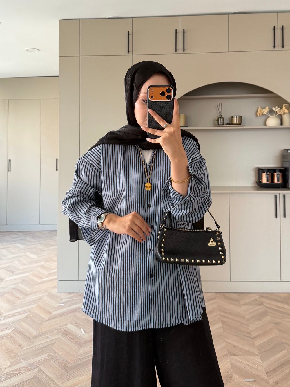 Era Çizgili Oversize Gömlek Siyah (5475)