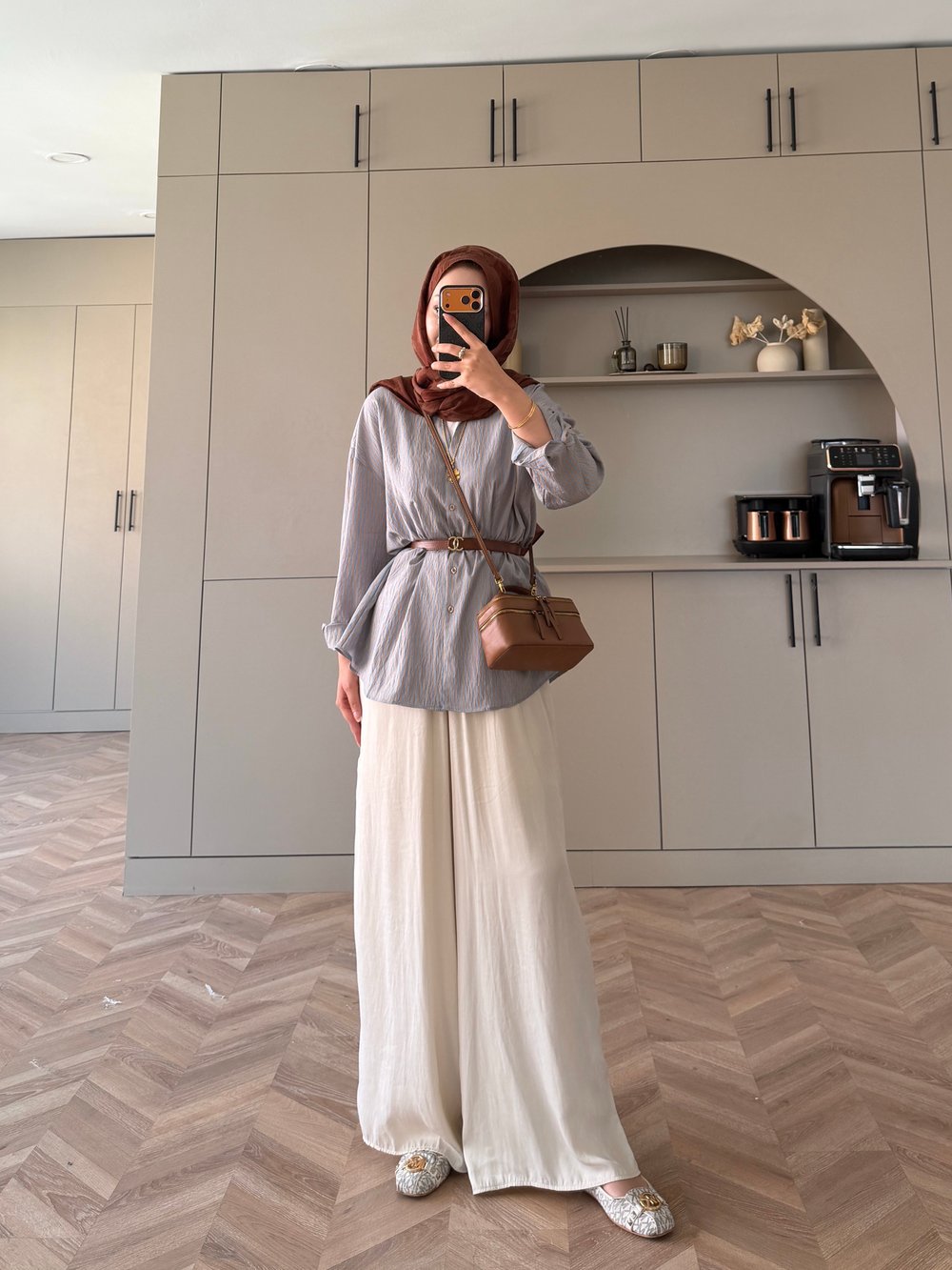 Era Çizgili Oversize Gömlek Vizon (5475)