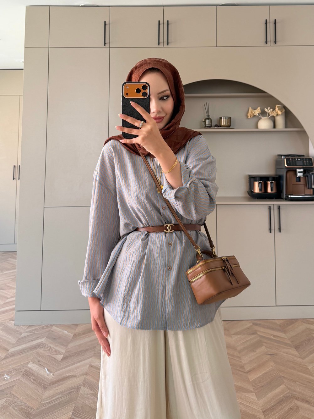 Era Çizgili Oversize Gömlek Vizon (5475)