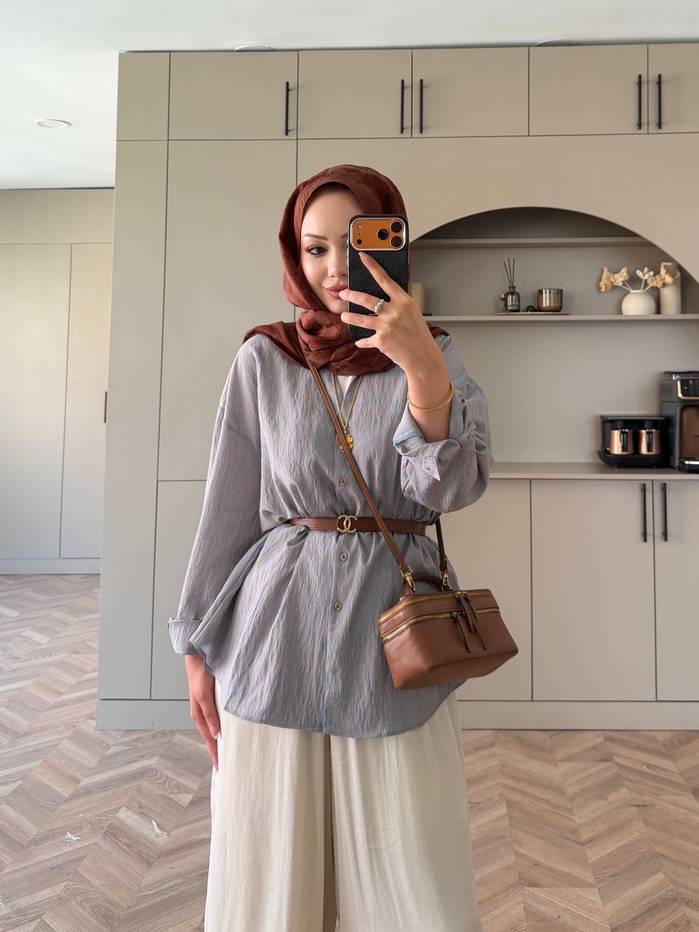 Era Çizgili Oversize Gömlek Vizon (5475)